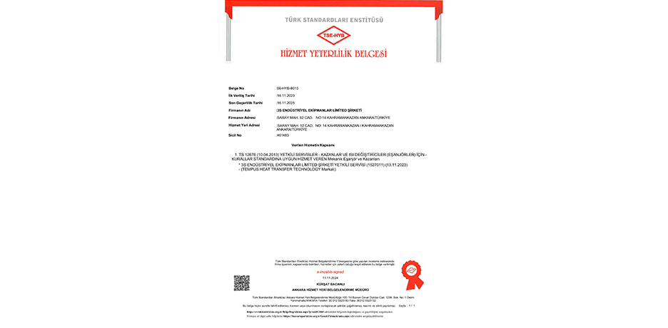 Tempus PHE TSE Hizmet Yeterlilik Belgesi - HYB Sertifikası - Plakalı Eşanjör Servis Hizmetleri